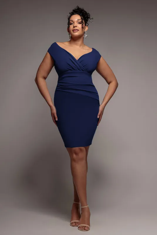 Bardot Pleated Midi Dress - Navy Blue by Goddiva Plus made by Goddiva
