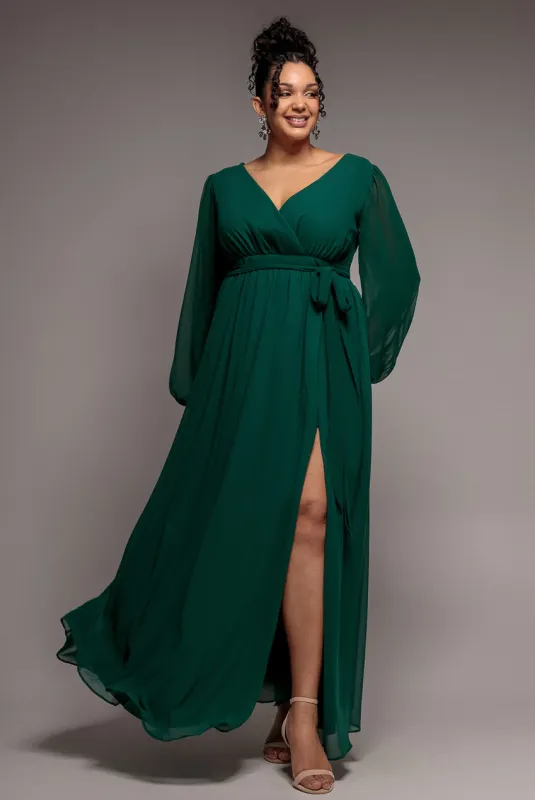 Wrap Back With Front Slit Chiffon Maxi Dress - Emerald Green by Goddiva Plus made by Goddiva
