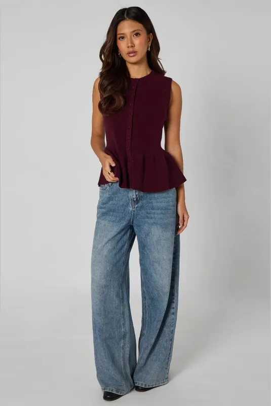Plum Peplum Button Front Vest by Urban Bliss made by Goddiva
