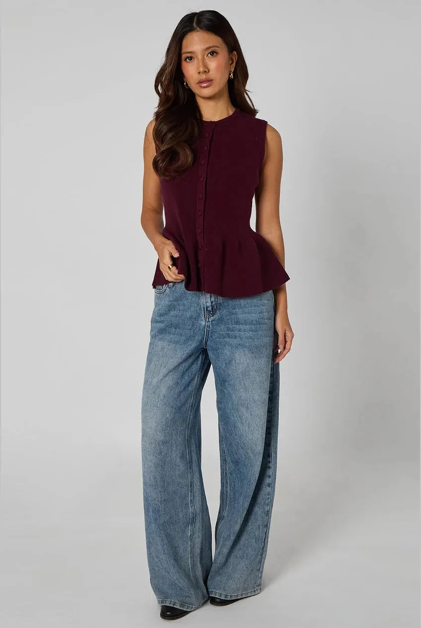 Plum Peplum Button Front Vest by Urban Bliss sold by Goddiva