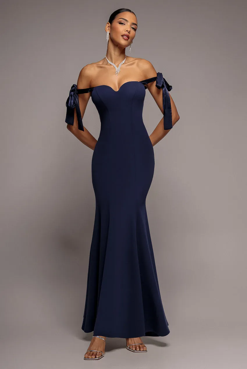 Multiway Bow Velvet Satin Sweetheart Maxi Dress - Navy Blue by Goddiva sold by Goddiva product image thumbnail 4