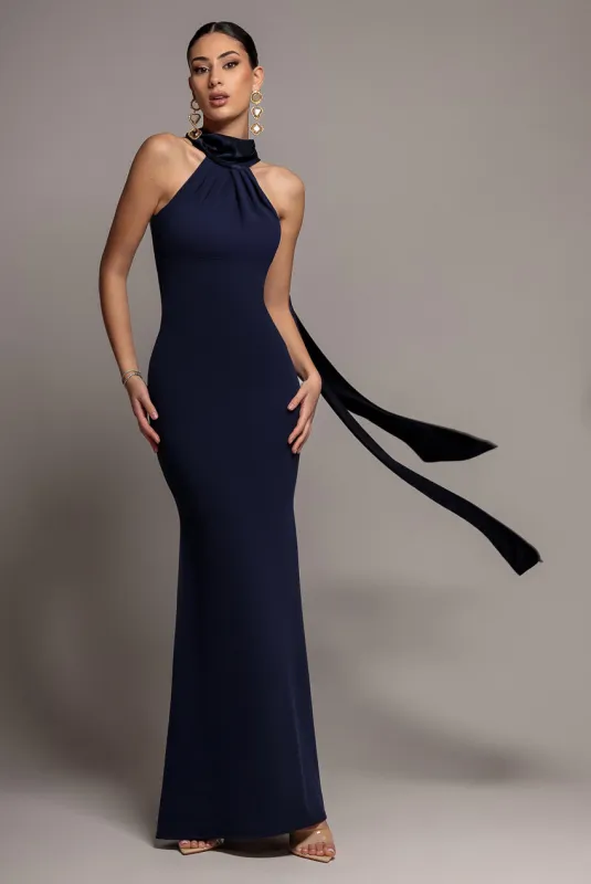 Scuba & Velvet Satin Cape Sleeve Halterneck Maxi Dress - Navy Blue by Goddiva made by Goddiva