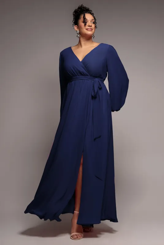 Wrap Back With Front Slit Chiffon Maxi Dress - Navy Blue by Goddiva Plus made by Goddiva