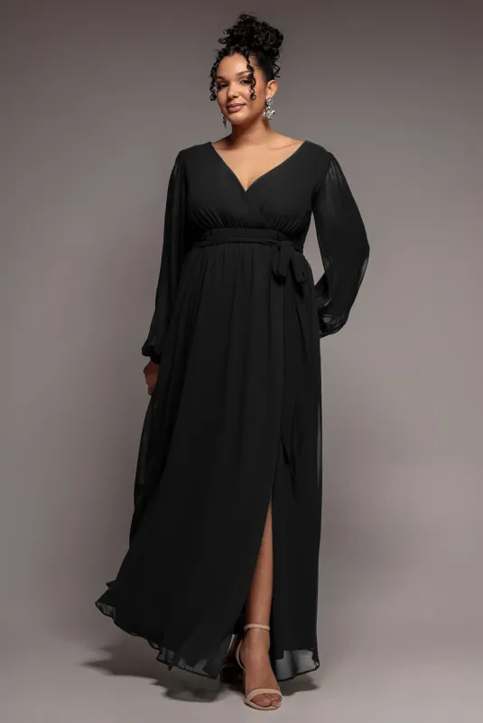 Wrap Back With Front Slit Chiffon Maxi Dress - Black by Goddiva Plus made by Goddiva