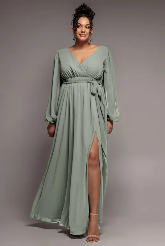 Wrap Back With Front Slit Chiffon Maxi Dress - Sage Green by Goddiva Plus made by Goddiva