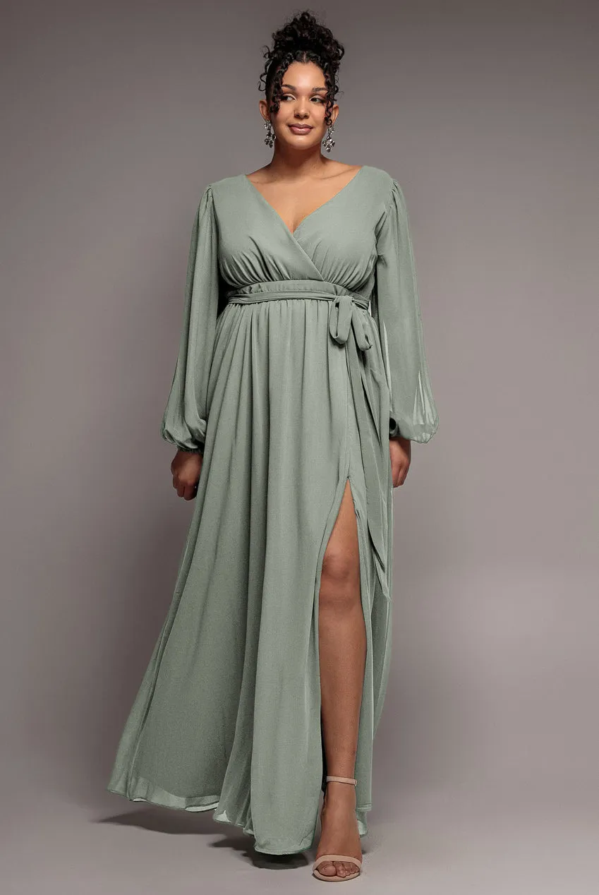 Wrap Back With Front Slit Chiffon Maxi Dress - Sage Green by Goddiva Plus sold by Goddiva