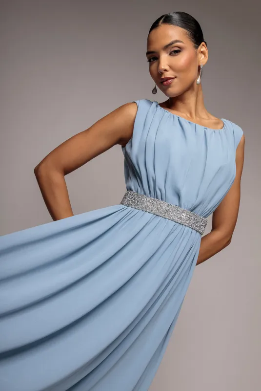 Chiffon Maxi With Embellished Belt - Dusky Blue by Goddiva made by Goddiva