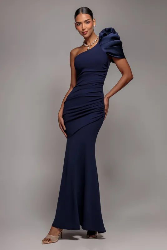 One Shoulder Puffed Satin Sleeve Evening Maxi Dress - Navy Blue by Goddiva made by Goddiva