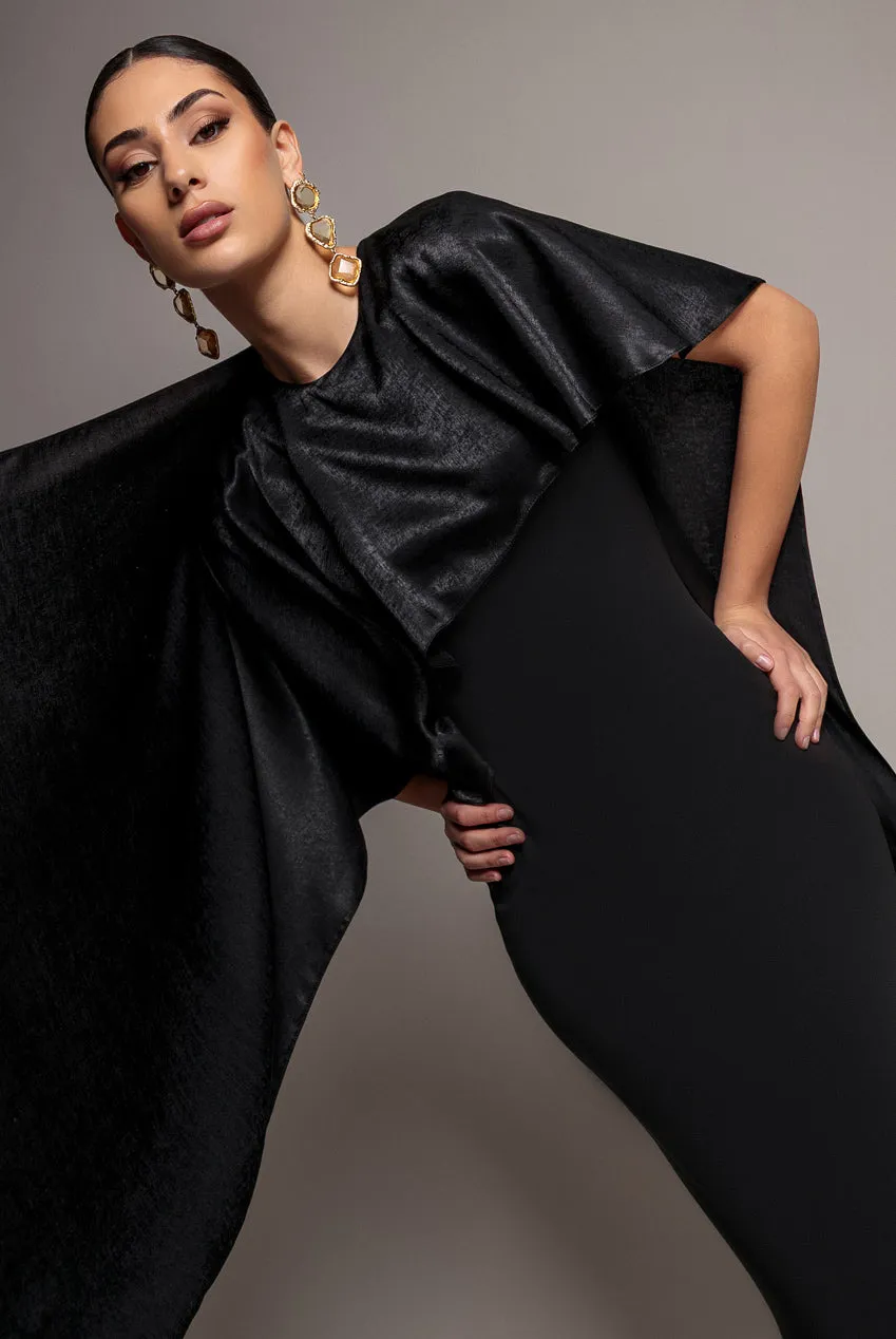 Goddiva Scoop Neck Velvet Satin Cape Sleeve Maxi Dress - Black by Goddiva sold by Goddiva product image thumbnail 5