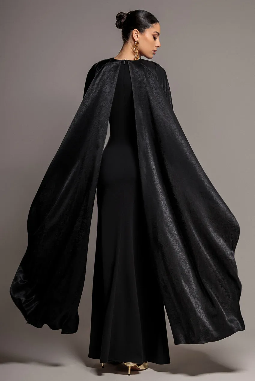 Goddiva Scoop Neck Velvet Satin Cape Sleeve Maxi Dress - Black by Goddiva sold by Goddiva product image thumbnail 2