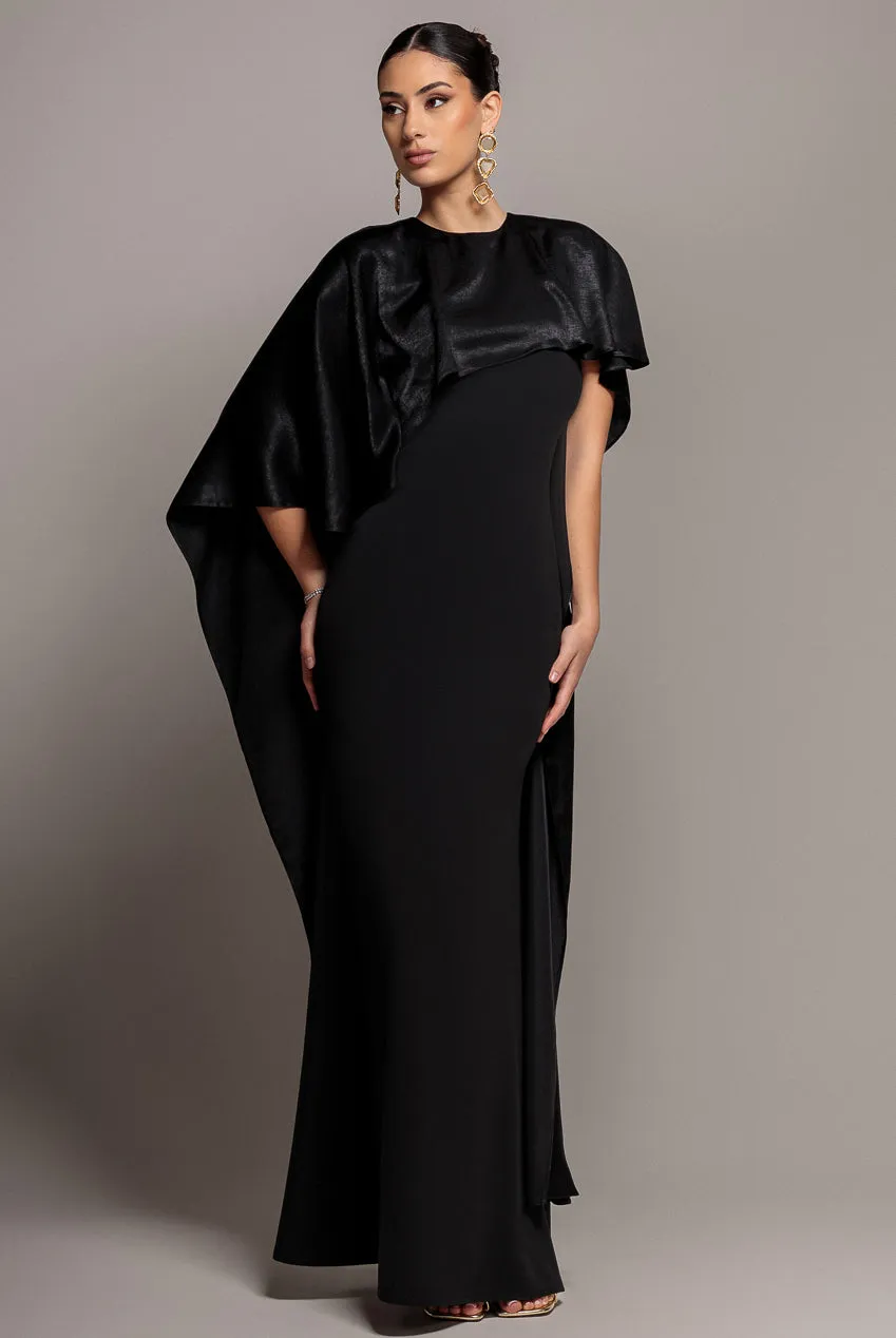Goddiva Scoop Neck Velvet Satin Cape Sleeve Maxi Dress - Black by Goddiva sold by Goddiva product image thumbnail 4