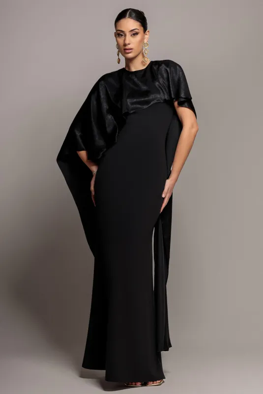 Goddiva Scoop Neck Velvet Satin Cape Sleeve Maxi Dress - Black by Goddiva made by Goddiva