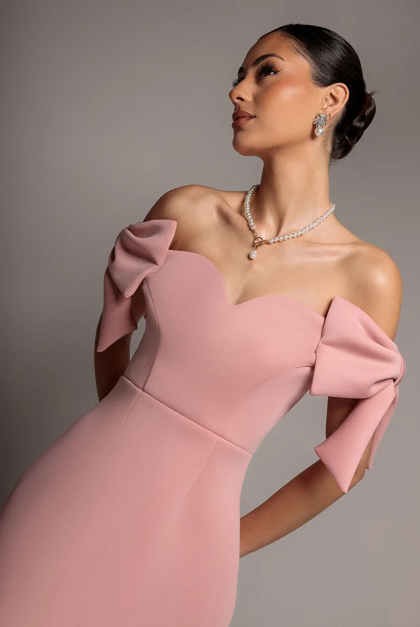 Bardot Plunge Neck Bow Sleeve Skater Mini Dress - Blush Pink by Goddiva sold by Goddiva product image thumbnail 4