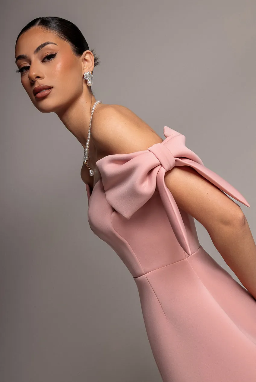 Bardot Plunge Neck Bow Sleeve Skater Mini Dress - Blush Pink by Goddiva sold by Goddiva product image thumbnail 5