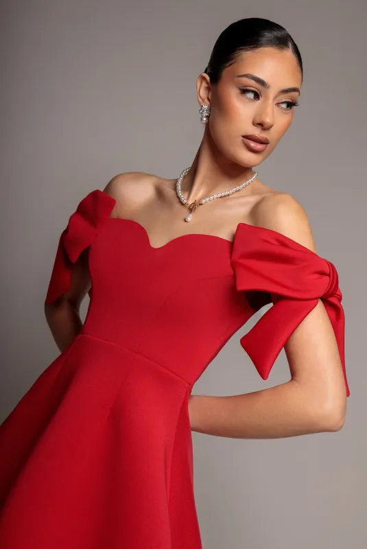 Bardot Plunge Neck Bow Sleeve Skater Mini Dress - Red by Goddiva made by Goddiva