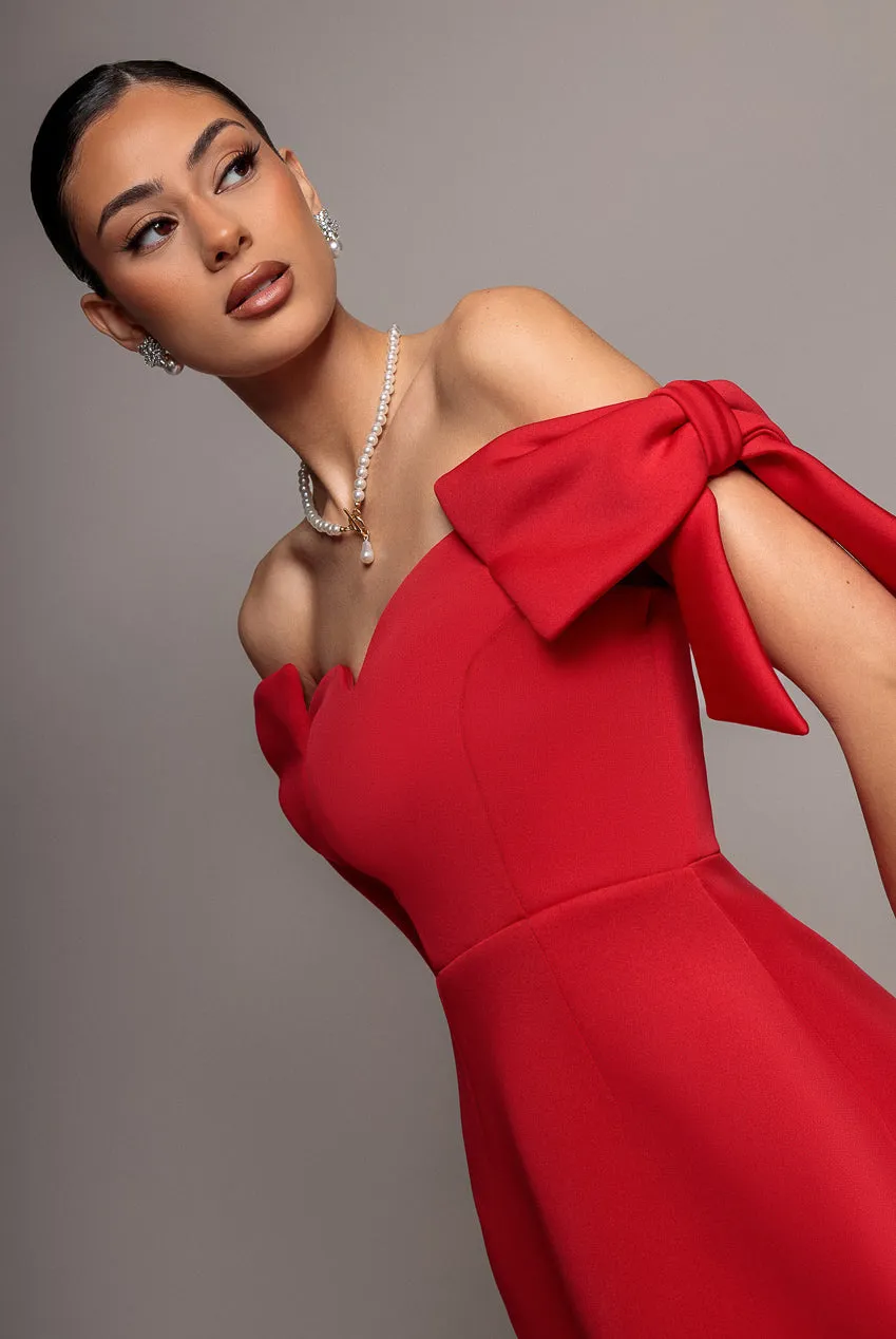 Bardot Plunge Neck Bow Sleeve Skater Mini Dress - Red by Goddiva sold by Goddiva product image thumbnail 5