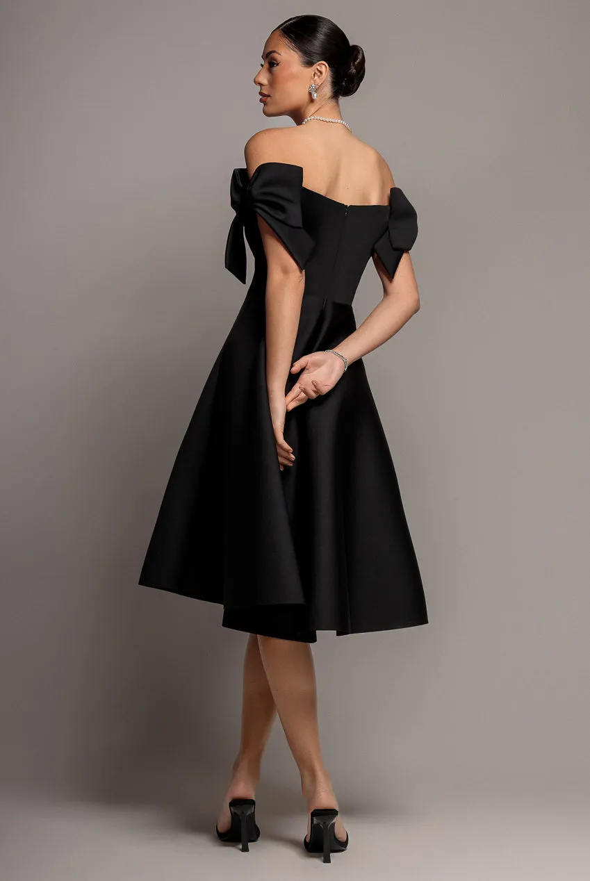 Bardot Plunge Neck Bow Sleeve A Line Midi Dress - Black by Goddiva sold by Goddiva product image thumbnail 4