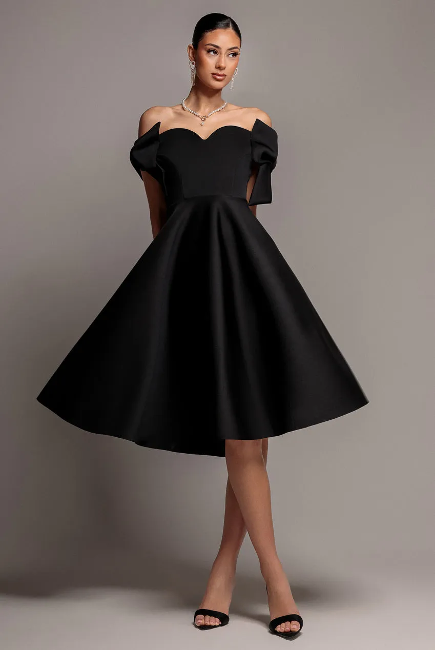 Bardot Plunge Neck Bow Sleeve A Line Midi Dress - Black by Goddiva sold by Goddiva product image thumbnail 2