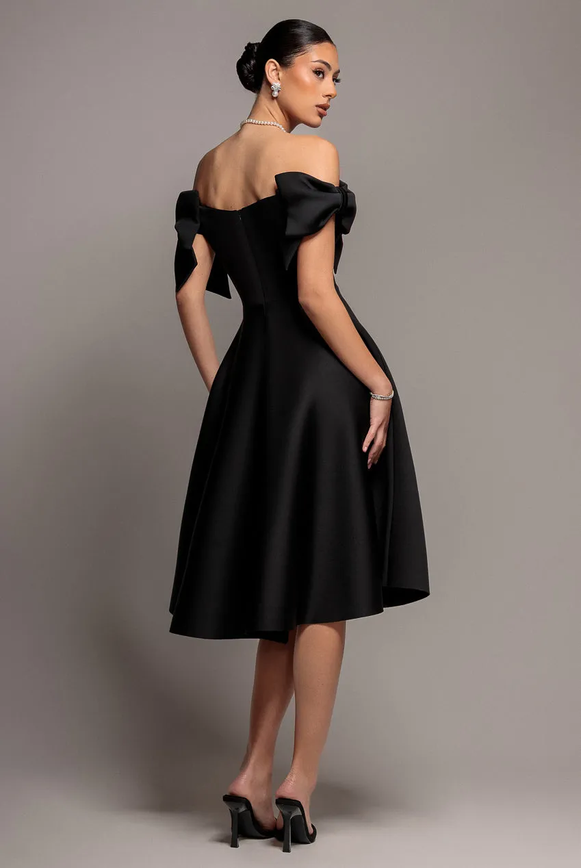 Bardot Plunge Neck Bow Sleeve A Line Midi Dress - Black by Goddiva sold by Goddiva product image thumbnail 3