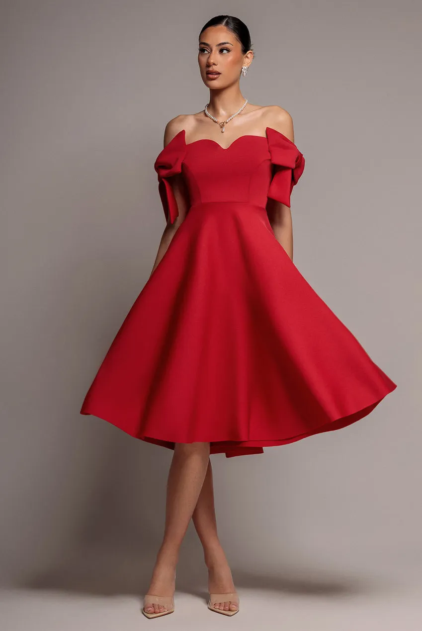 Bardot Plunge Neck Bow Sleeve A Line Midi Dress - Red by Goddiva sold by Goddiva product image thumbnail 3