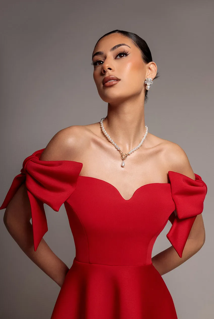 Bardot Plunge Neck Bow Sleeve A Line Midi Dress - Red by Goddiva sold by Goddiva product image thumbnail 4
