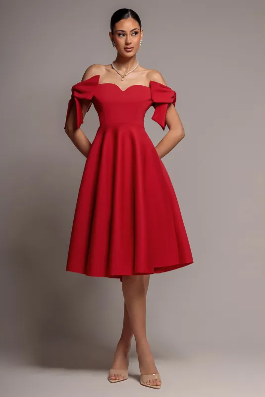 Bardot Plunge Neck Bow Sleeve A Line Midi Dress - Red by Goddiva made by Goddiva
