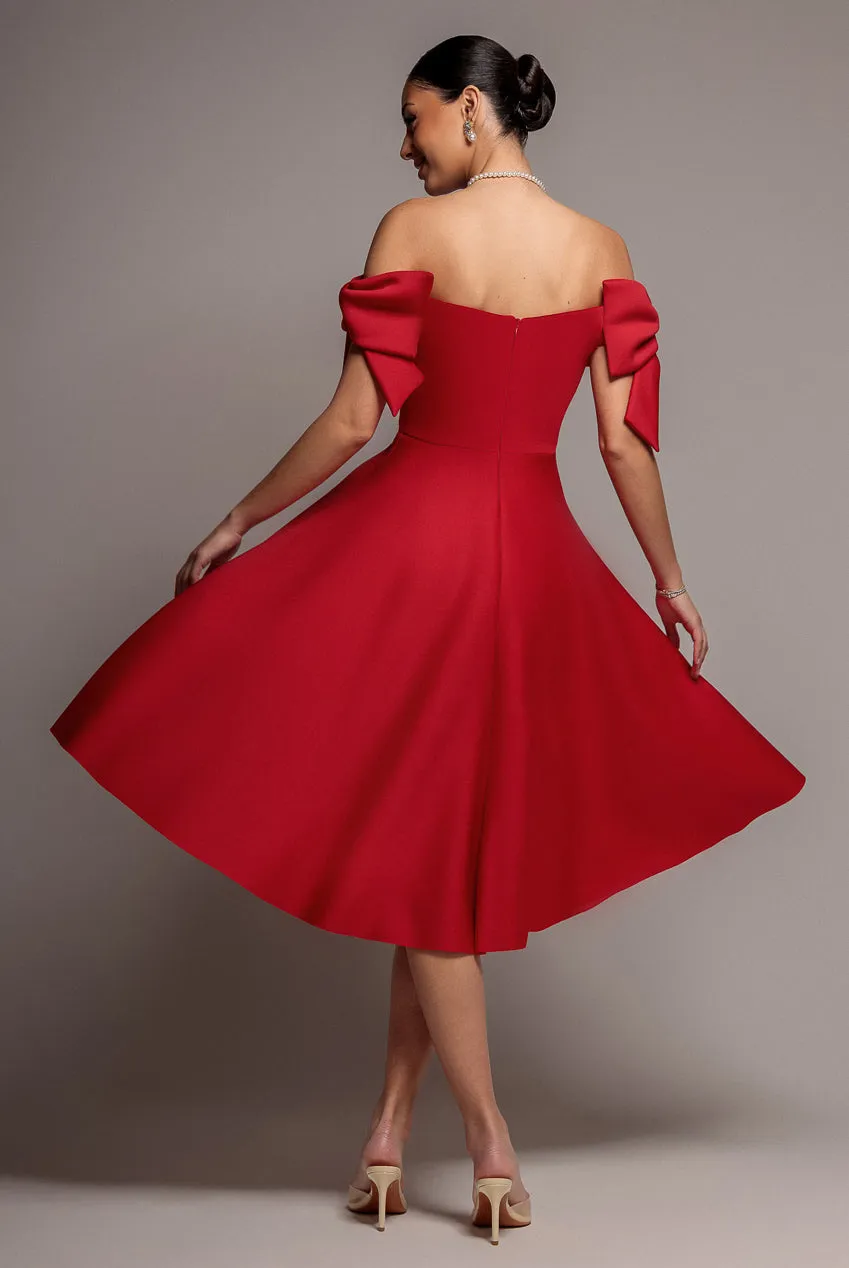 Bardot Plunge Neck Bow Sleeve A Line Midi Dress - Red by Goddiva sold by Goddiva product image thumbnail 2