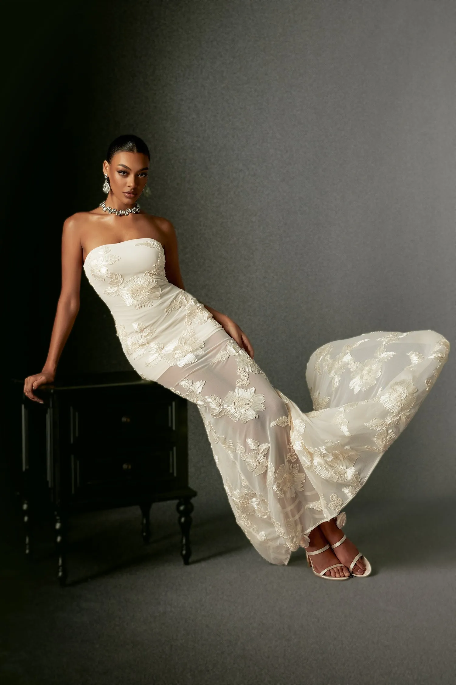 Deliyn Strapless Embroidery Flower Mesh Maxi Dress by Bella Barnett sold by Goddiva product image thumbnail 5