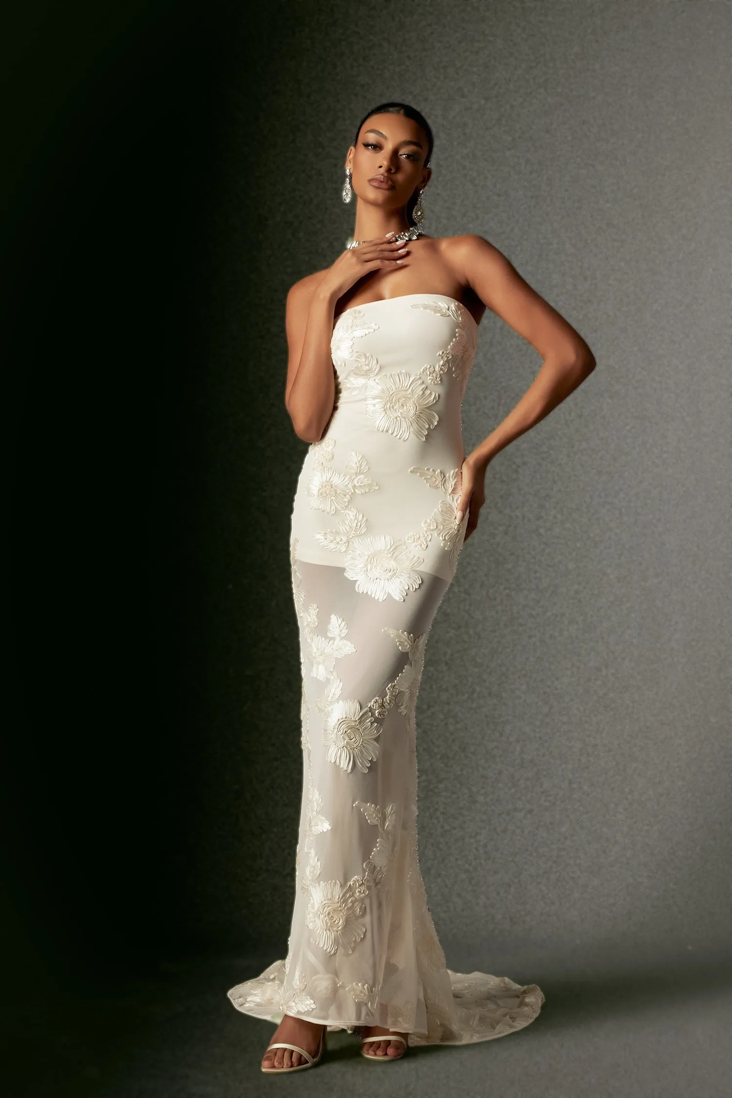 Deliyn Strapless Embroidery Flower Mesh Maxi Dress by Bella Barnett sold by Goddiva product image thumbnail 4