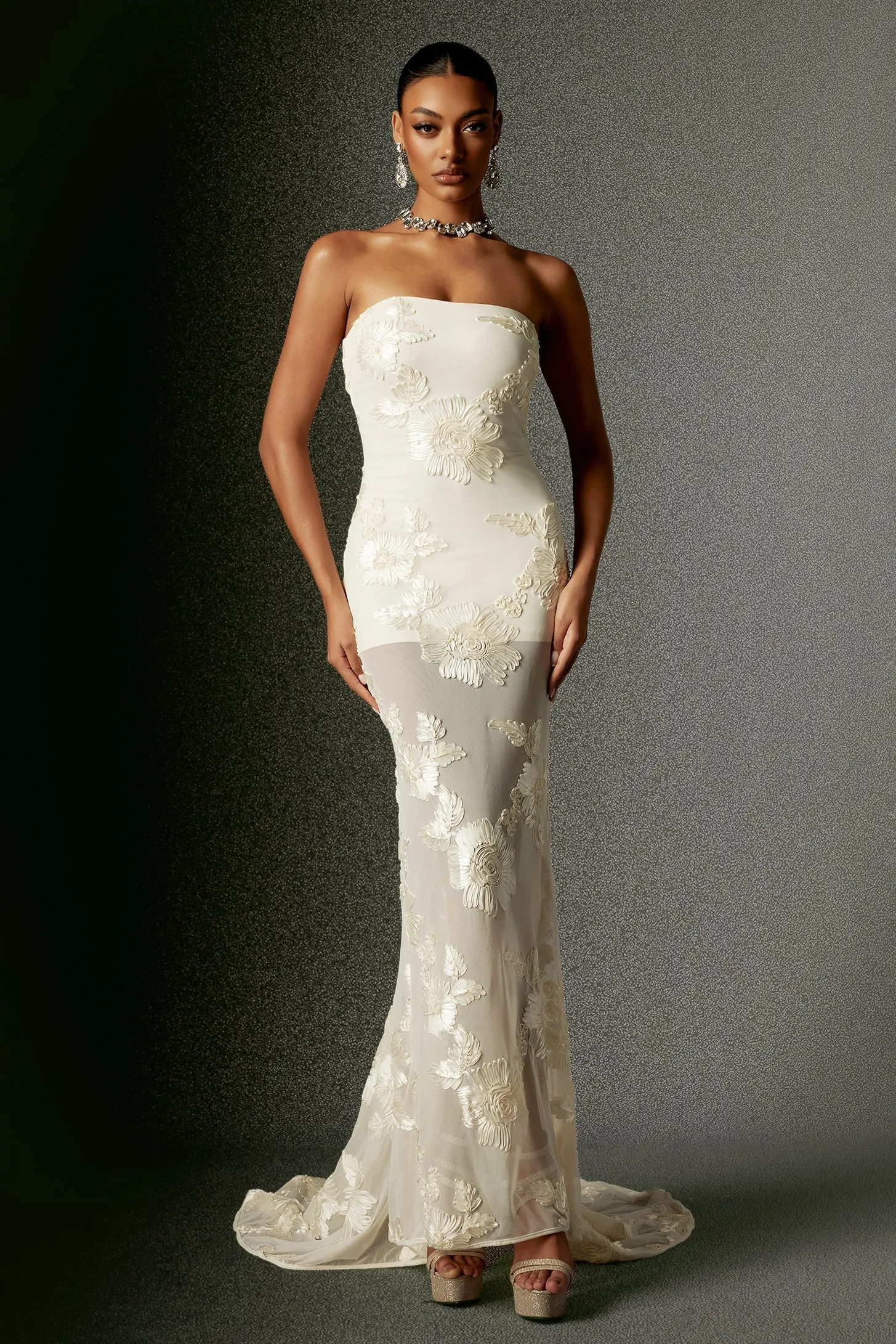 Deliyn Strapless Embroidery Flower Mesh Maxi Dress by Bella Barnett sold by Goddiva