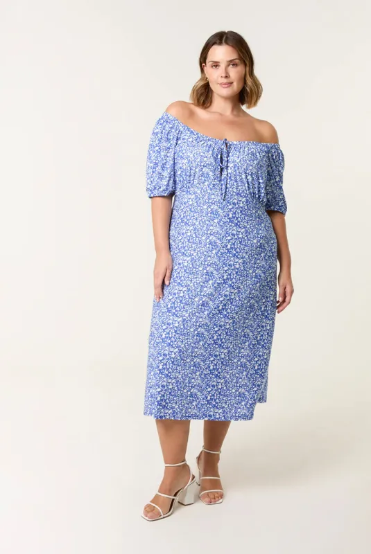 Curve Ditsy Print Milkmaid Stretch Crepe Midi Dress by Blue Vanilla made by Blue Vanilla