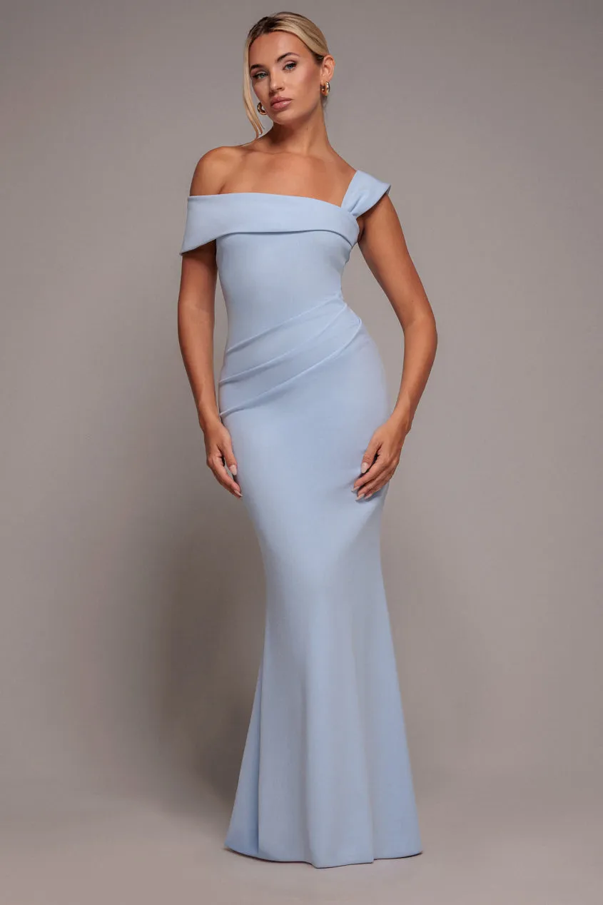 Off The Shoulder Pleated Waist Maxi Dress - Powder Blue by Goddiva sold by Goddiva