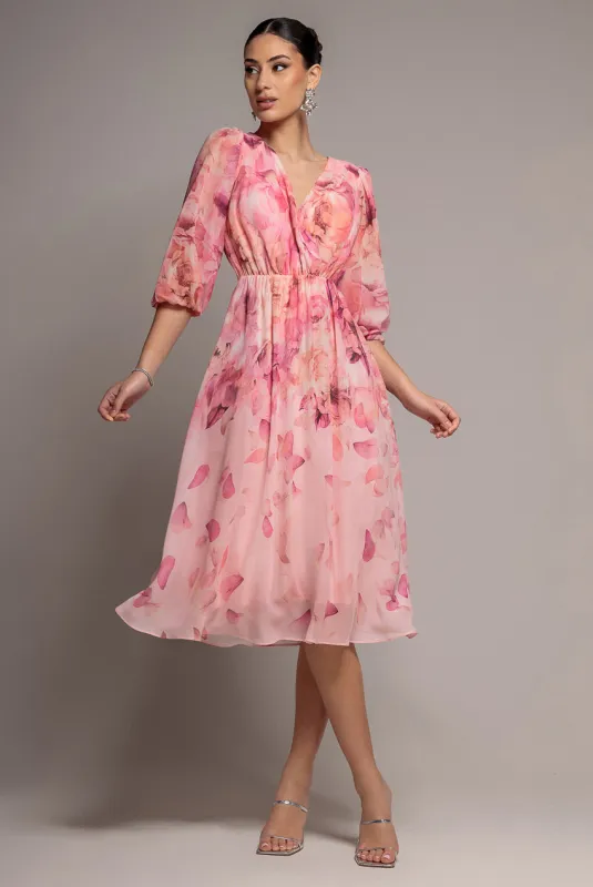 Floral Print Wrap A Line Midi Dress - Blush Pink by Goddiva made by Goddiva