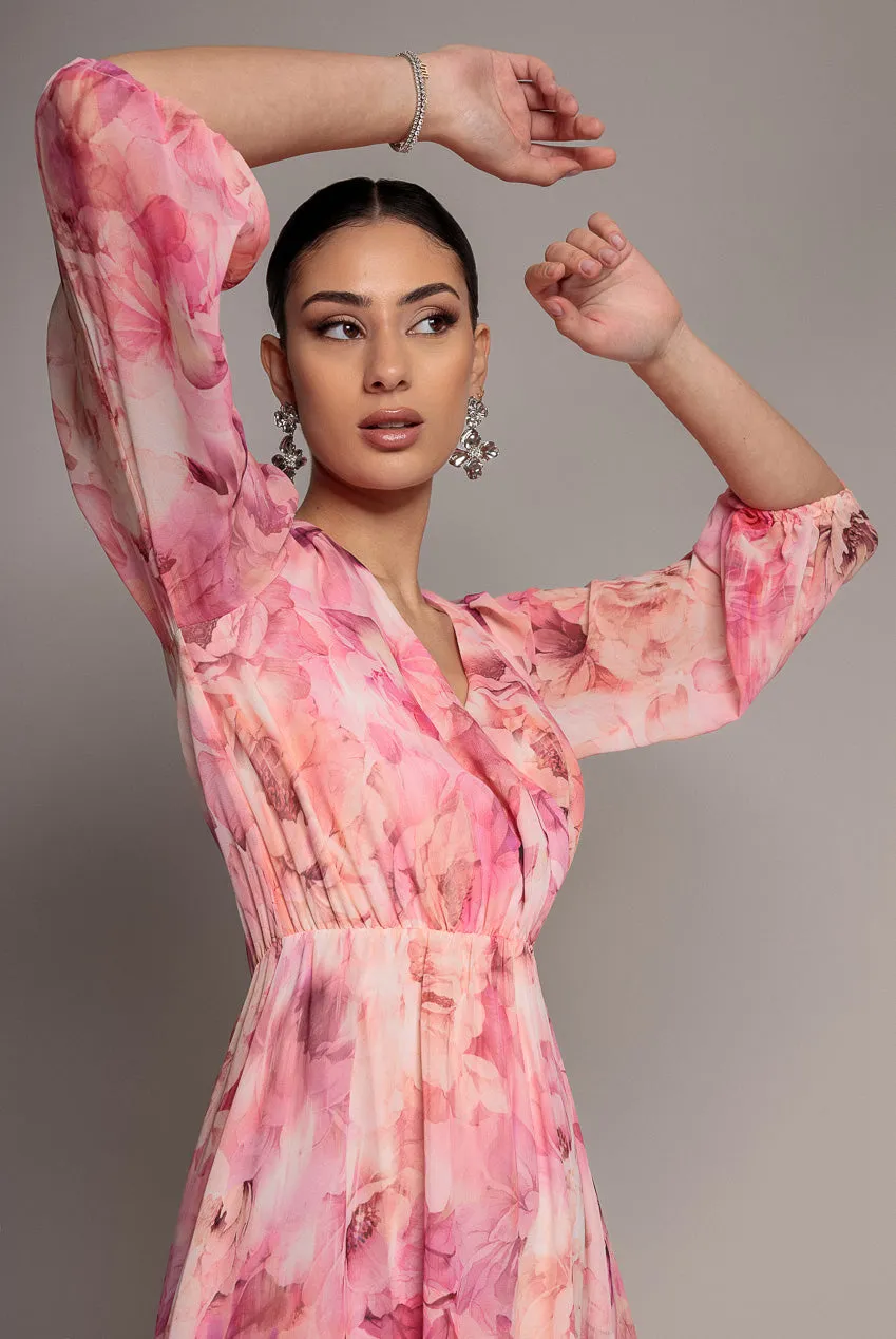 Floral Print Wrap A Line Midi Dress - Blush Pink by Goddiva sold by Goddiva product image thumbnail 3