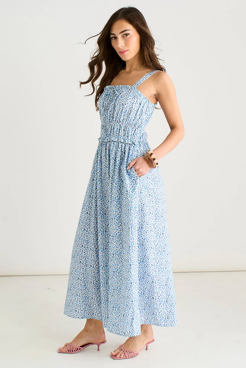 Blue Ditsy Floral Shirred Bodice Midi Dress by Gini London sold by Goddiva product image thumbnail 4