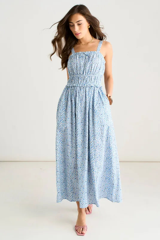 Blue Ditsy Floral Shirred Bodice Midi Dress by Gini London made by Goddiva