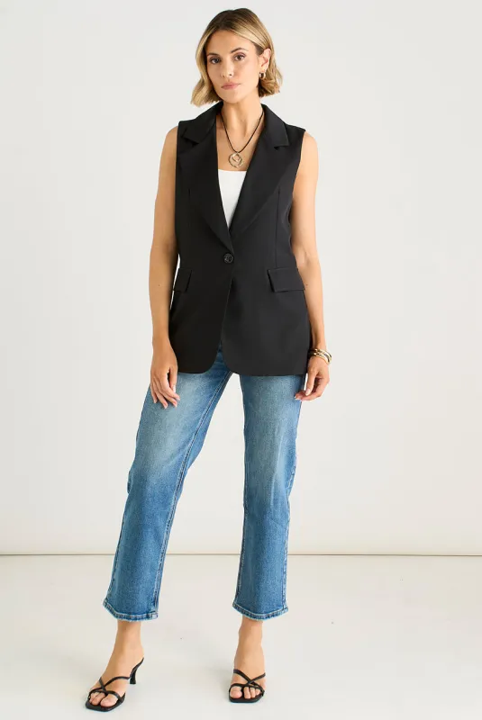 Black Tailored Contrast Lining Longline Waistcoat by Gini London made by Goddiva