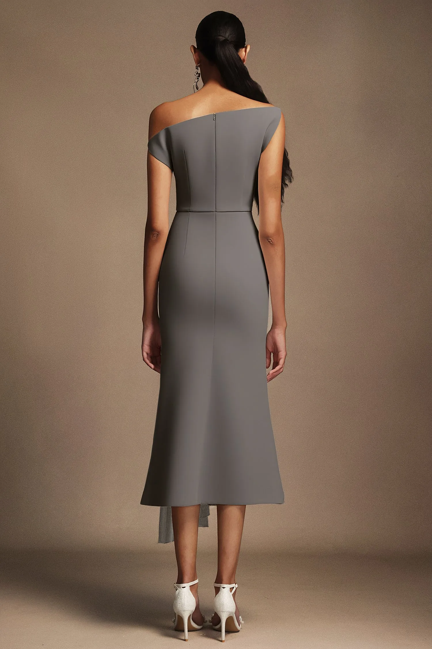 Paulina Oblique Shoulder Sleeveless Folds Gray Midi Dress by Bella Barnett sold by Goddiva product image thumbnail 3