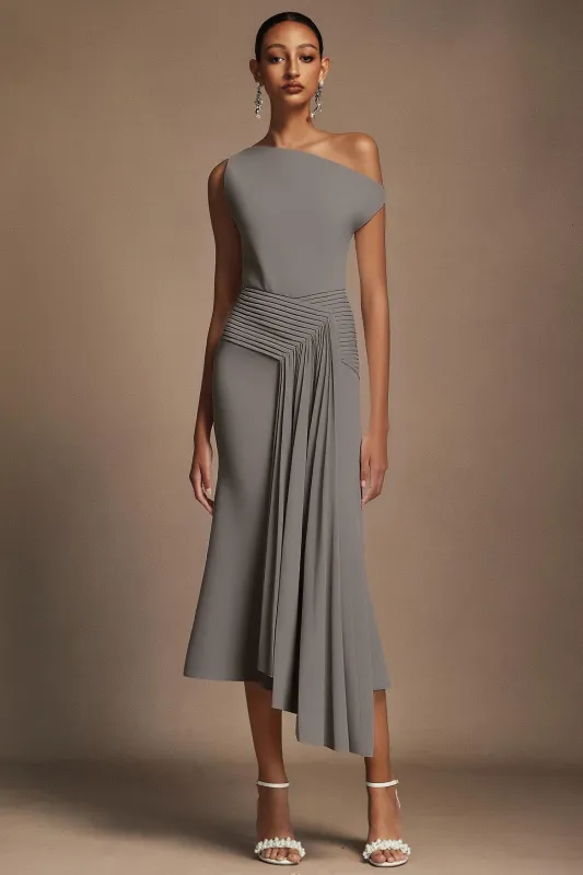Paulina Oblique Shoulder Sleeveless Folds Gray Midi Dress by Bella Barnett made by Bella Barnett