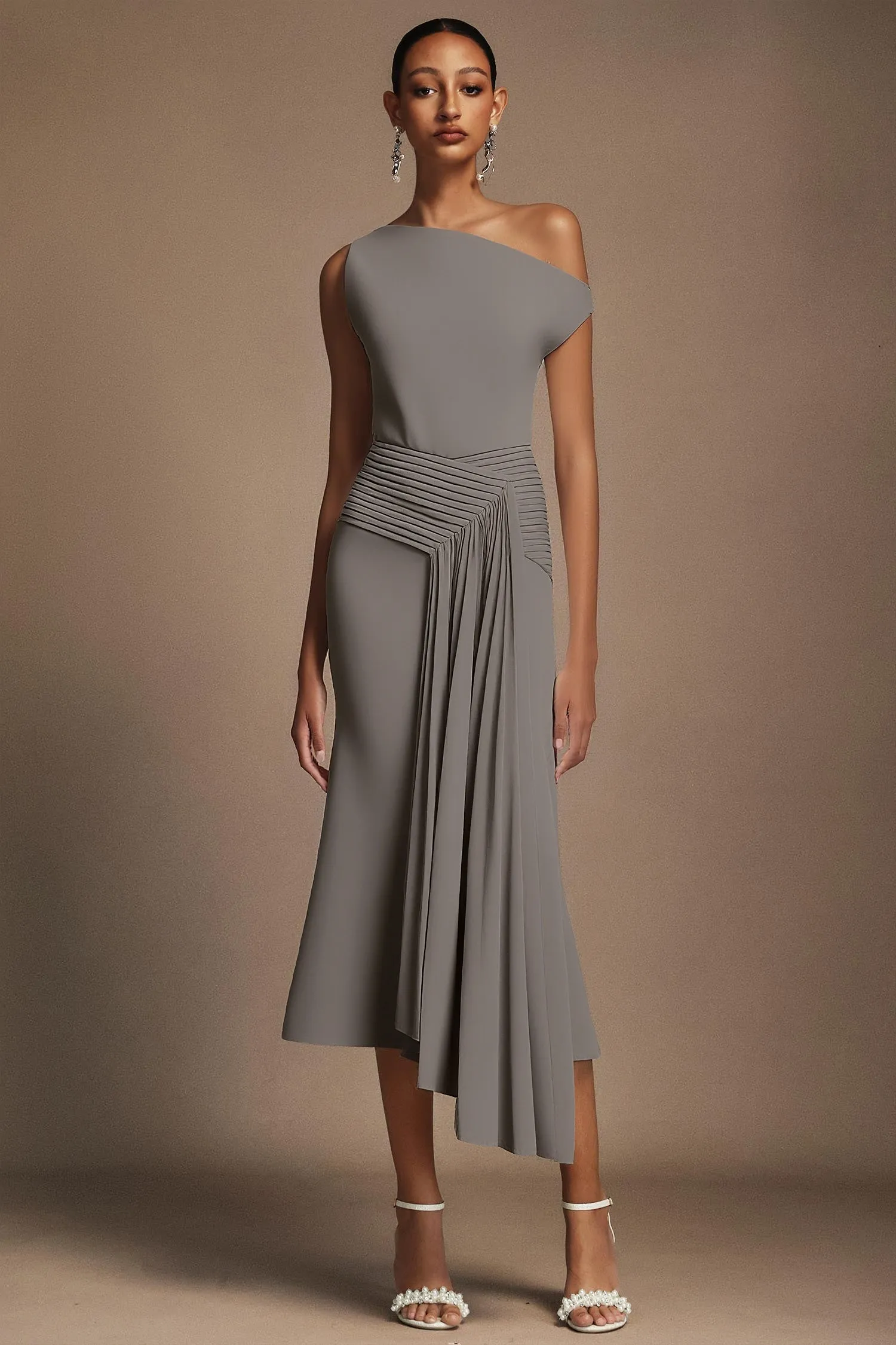 Paulina Oblique Shoulder Sleeveless Folds Gray Midi Dress by Bella Barnett sold by Goddiva