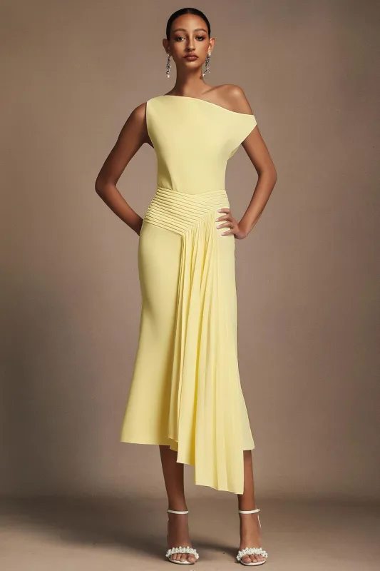 Paulina Oblique Shoulder Sleeveless Folds Yellow Midi Dress by Bella Barnett made by Bella Barnett