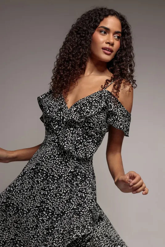 Spaghetti Strap Polka Dot Wrap Midi Dress - Black White by Goddiva made by Goddiva