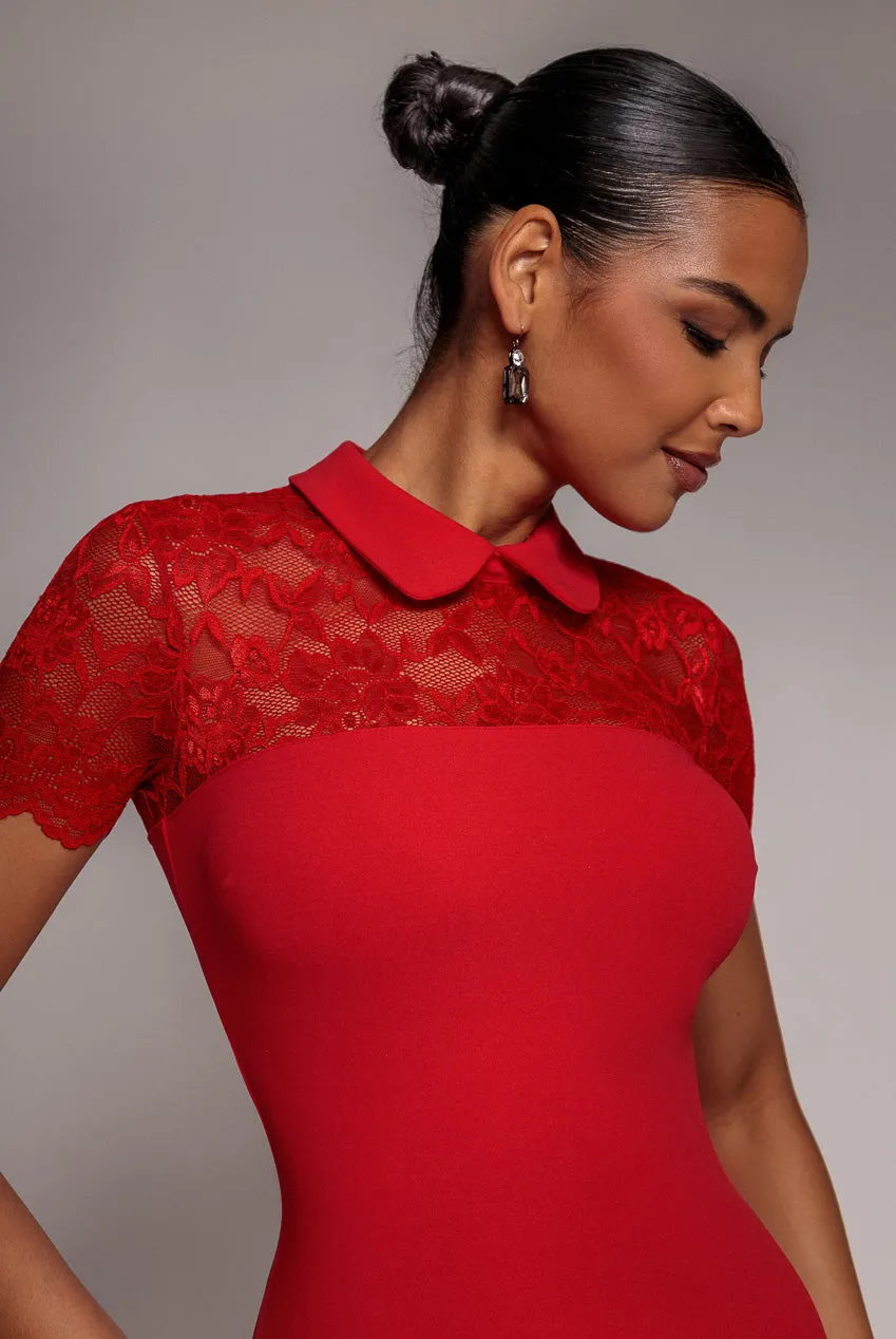 Lace Detail Bodycon Collar Midi Dress - Red by Goddiva sold by Goddiva product image thumbnail 3