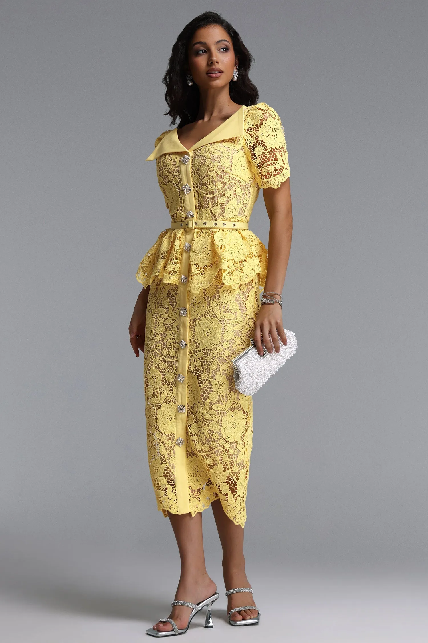 Quinn Elegant Cinched Short Sleeve Floral Lace Maxi Dress by Bella Barnett sold by Goddiva product image thumbnail 4