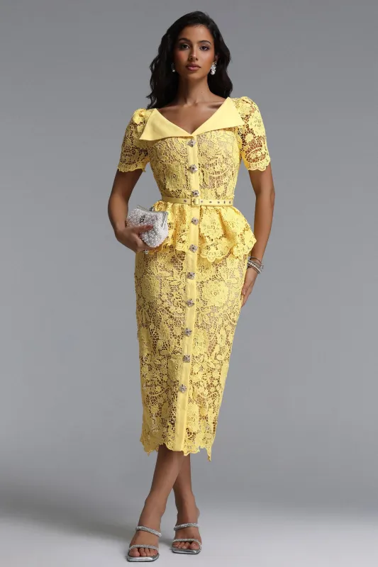 Quinn Elegant Cinched Short Sleeve Floral Lace Maxi Dress by Bella Barnett made by Bella Barnett