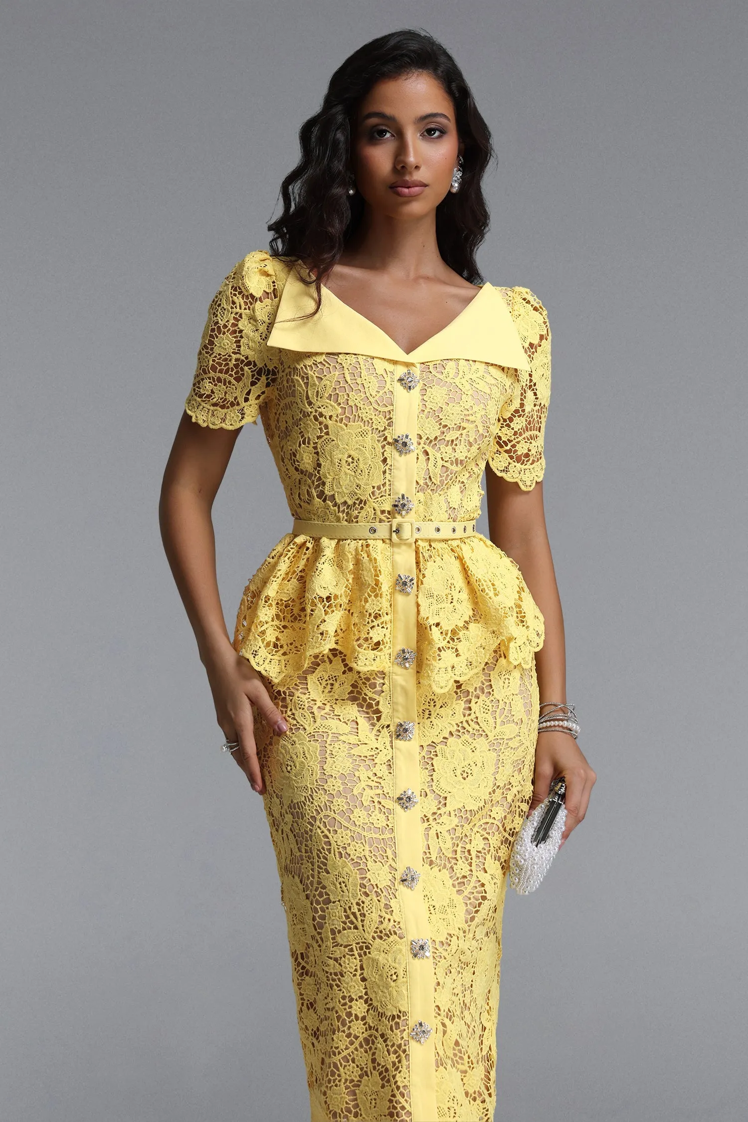 Quinn Elegant Cinched Short Sleeve Floral Lace Maxi Dress by Bella Barnett sold by Goddiva product image thumbnail 2