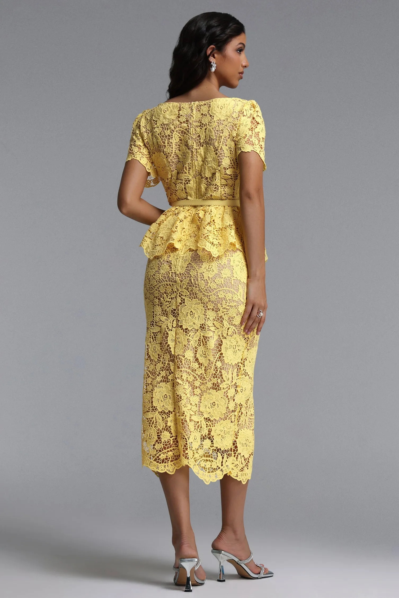 Quinn Elegant Cinched Short Sleeve Floral Lace Maxi Dress by Bella Barnett sold by Goddiva product image thumbnail 5