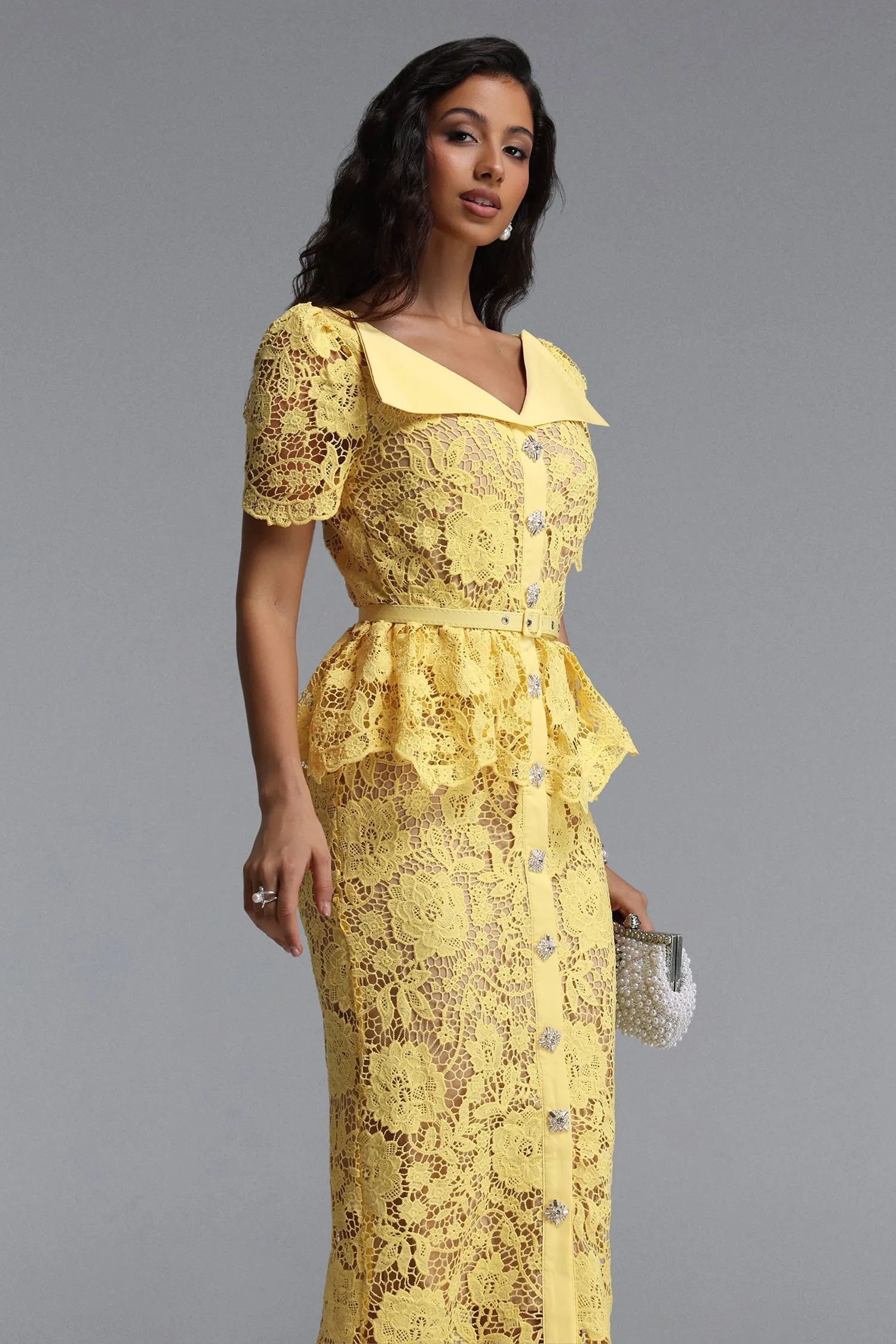 Quinn Elegant Cinched Short Sleeve Floral Lace Maxi Dress by Bella Barnett sold by Goddiva product image thumbnail 3