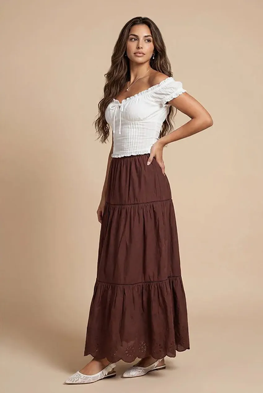 Chocolate Broderie Trim Maxi Skirt by Urban Bliss sold by Goddiva
