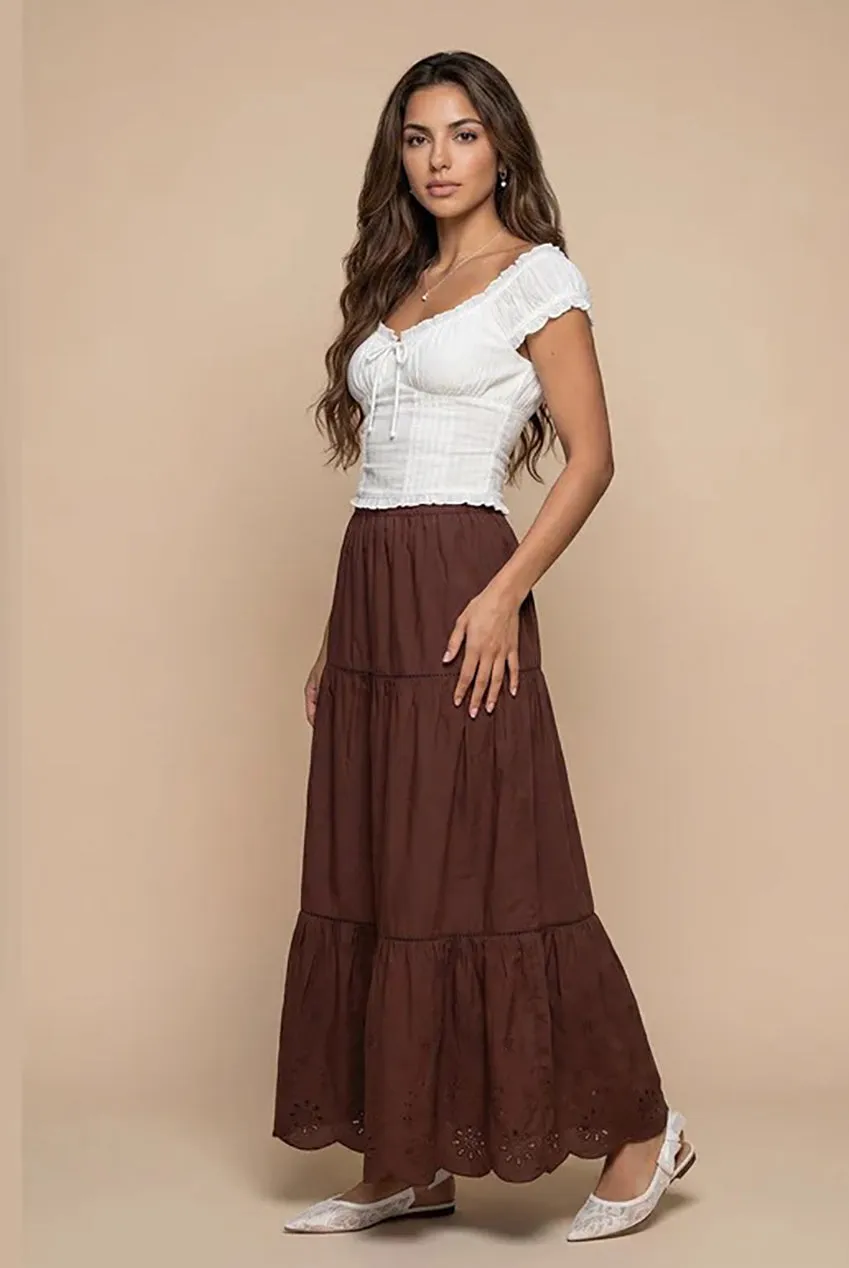 Chocolate Broderie Trim Maxi Skirt by Urban Bliss sold by Goddiva product image thumbnail 2